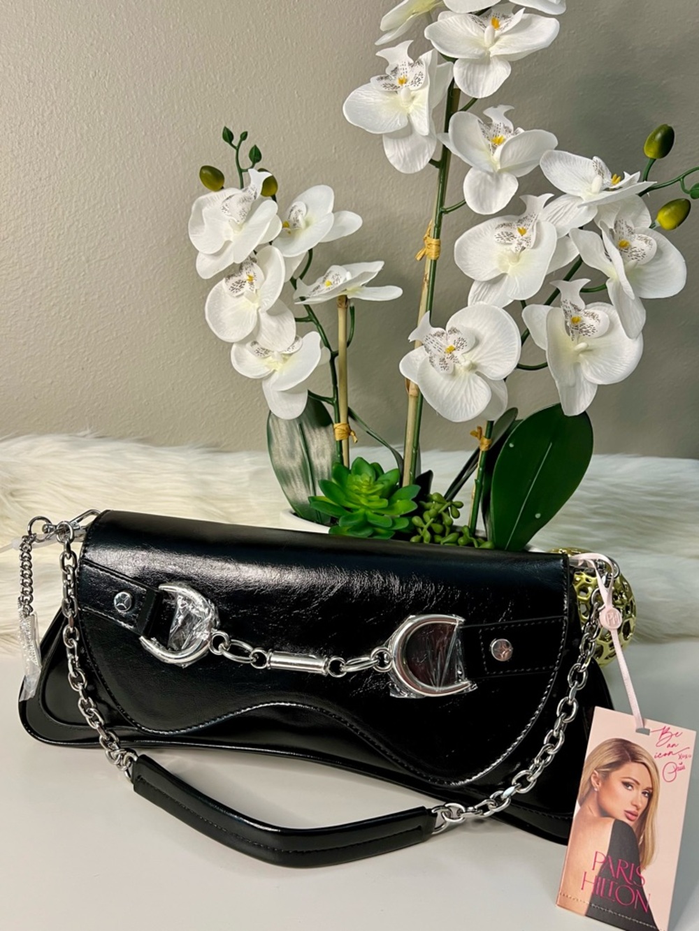 Paris Hilton Black Patent Shoulder Bag with Silver Chain Hardware